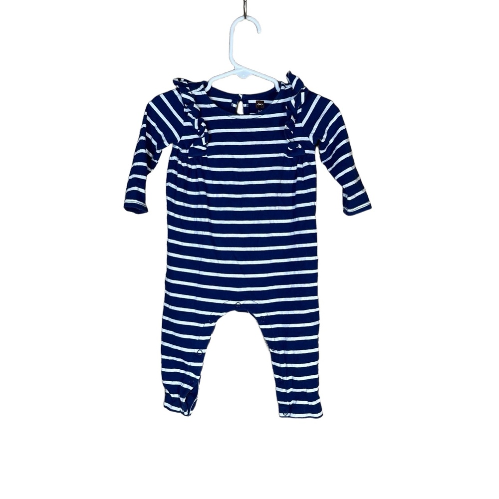 Tea Navy White Stripes Long Sleeves Ruffle Snap‎ Buttons Onesie 6-9 Months